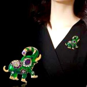 Green Elephant Brooch with Gold Accents